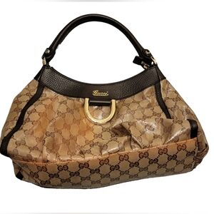 VTG Gucci Abbey D-Ring Shoulder Bag Beige Brown Canvas w/COA